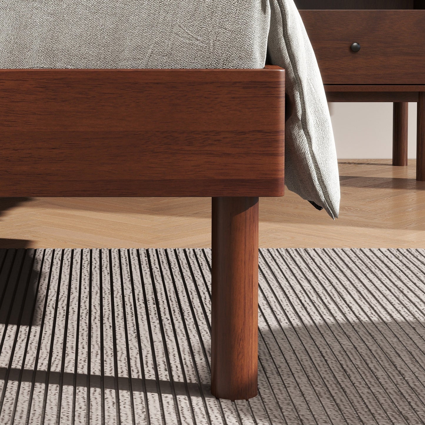 Roundhill Furniture Wyller Rubberwood Platform Bed, Natural Walnut Finish, Queen