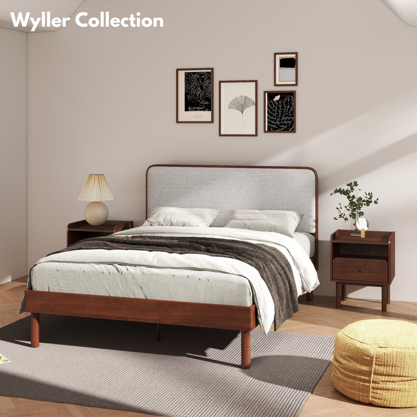 Roundhill Furniture Wyller Rubberwood Platform Bed, Natural Walnut Finish, Queen