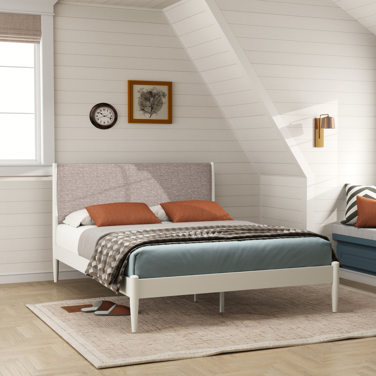 Roundhill Furniture Feeney Rubberwood Platform Bed, Cream White, Queen