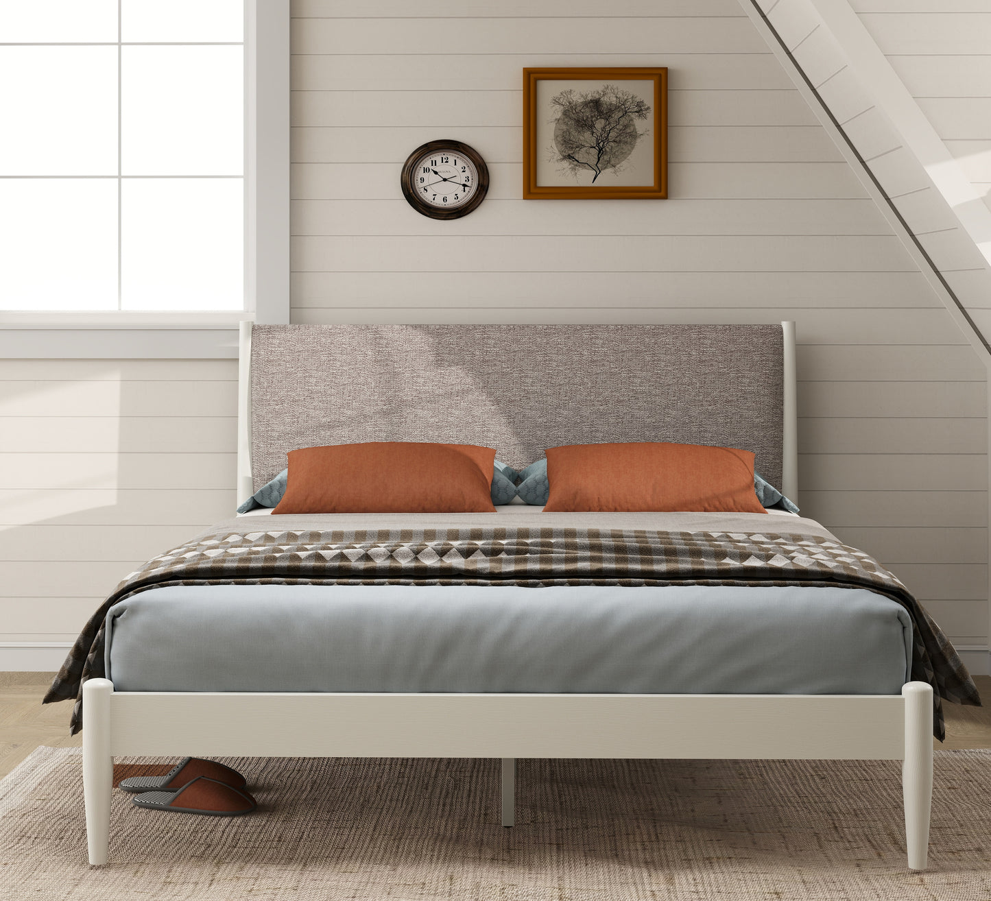 Roundhill Furniture Feeney Rubberwood Platform Bed, Cream White, Queen