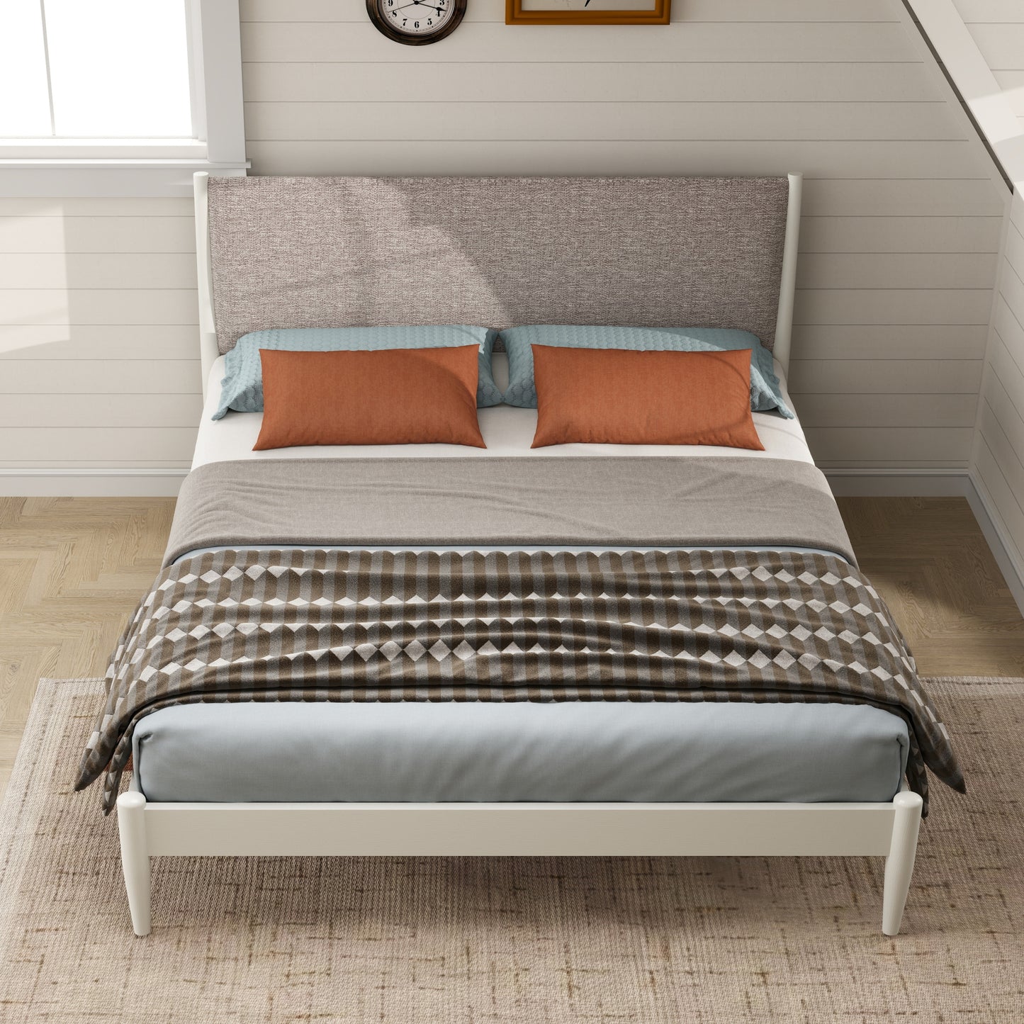 Roundhill Furniture Feeney Rubberwood Platform Bed, Cream White, Queen