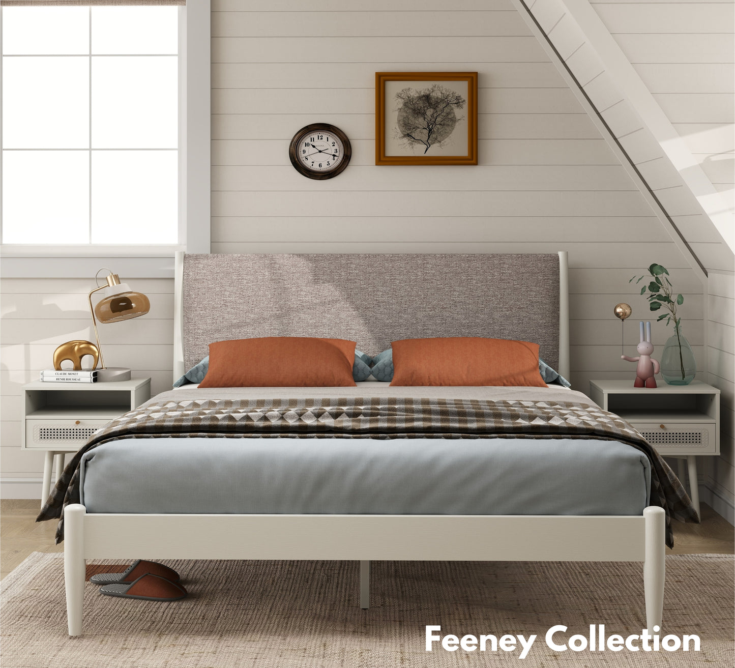 Roundhill Furniture Feeney Rubberwood Platform Bed, Cream White, Queen