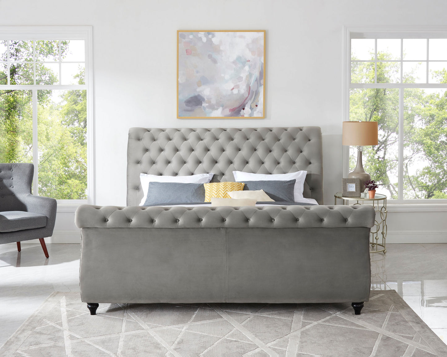 Roundhill Furniture Evora Gray Velvet Upholstered Button Tufted Sleigh Bed