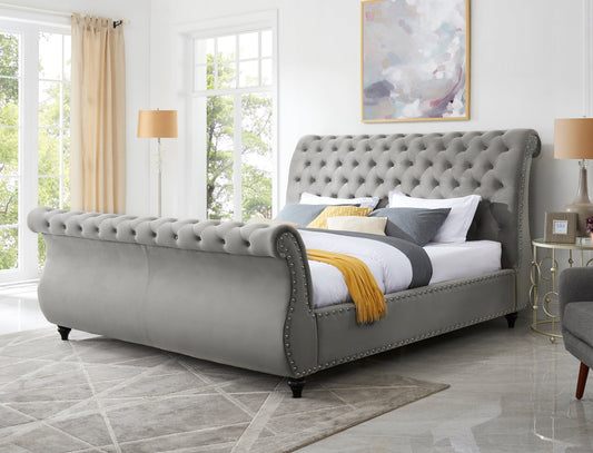 Roundhill Furniture Evora Gray Velvet Upholstered Button Tufted Sleigh Bed