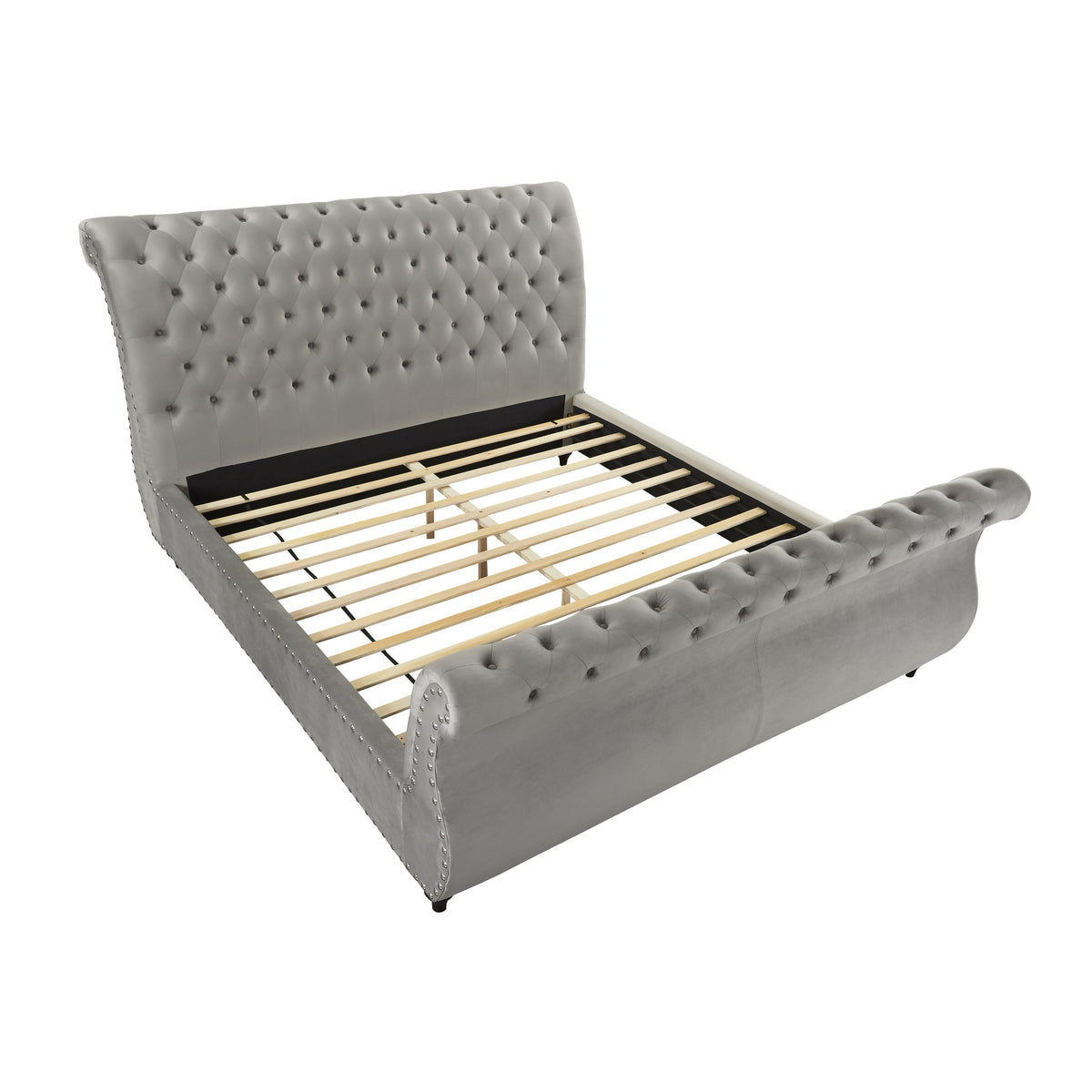 Evora Gray Velvet Upholstered Button Tufted Sleigh Bed