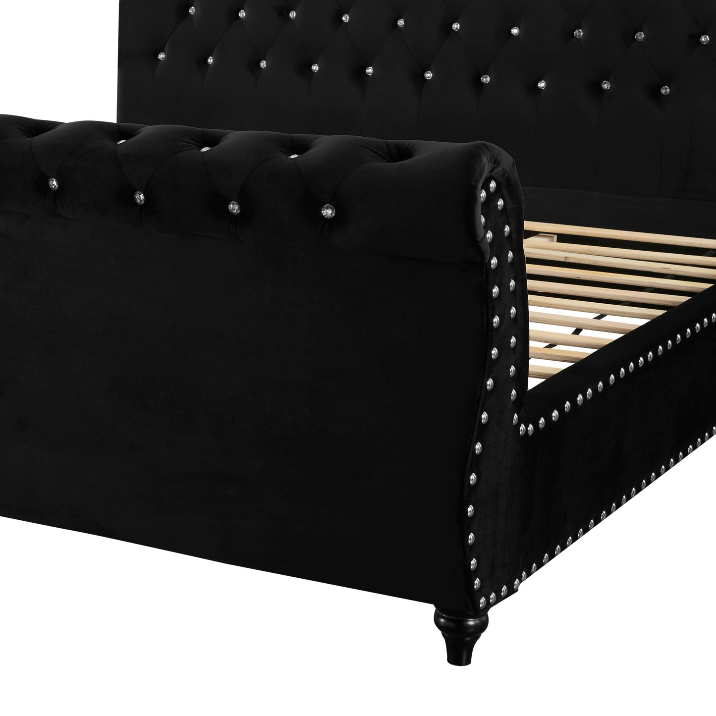 Roundhill Furniture Evora Velvet Upholstered Crystal Button Tufted Sleigh Bed, Black