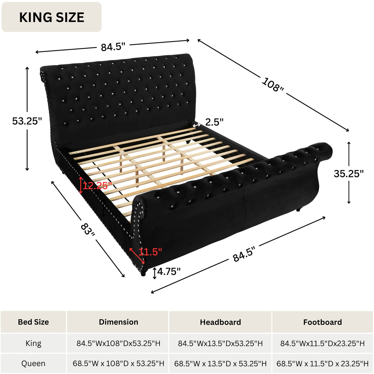 Evora Black Velvet Upholstered Crystal Button Tufted Sleigh Bed