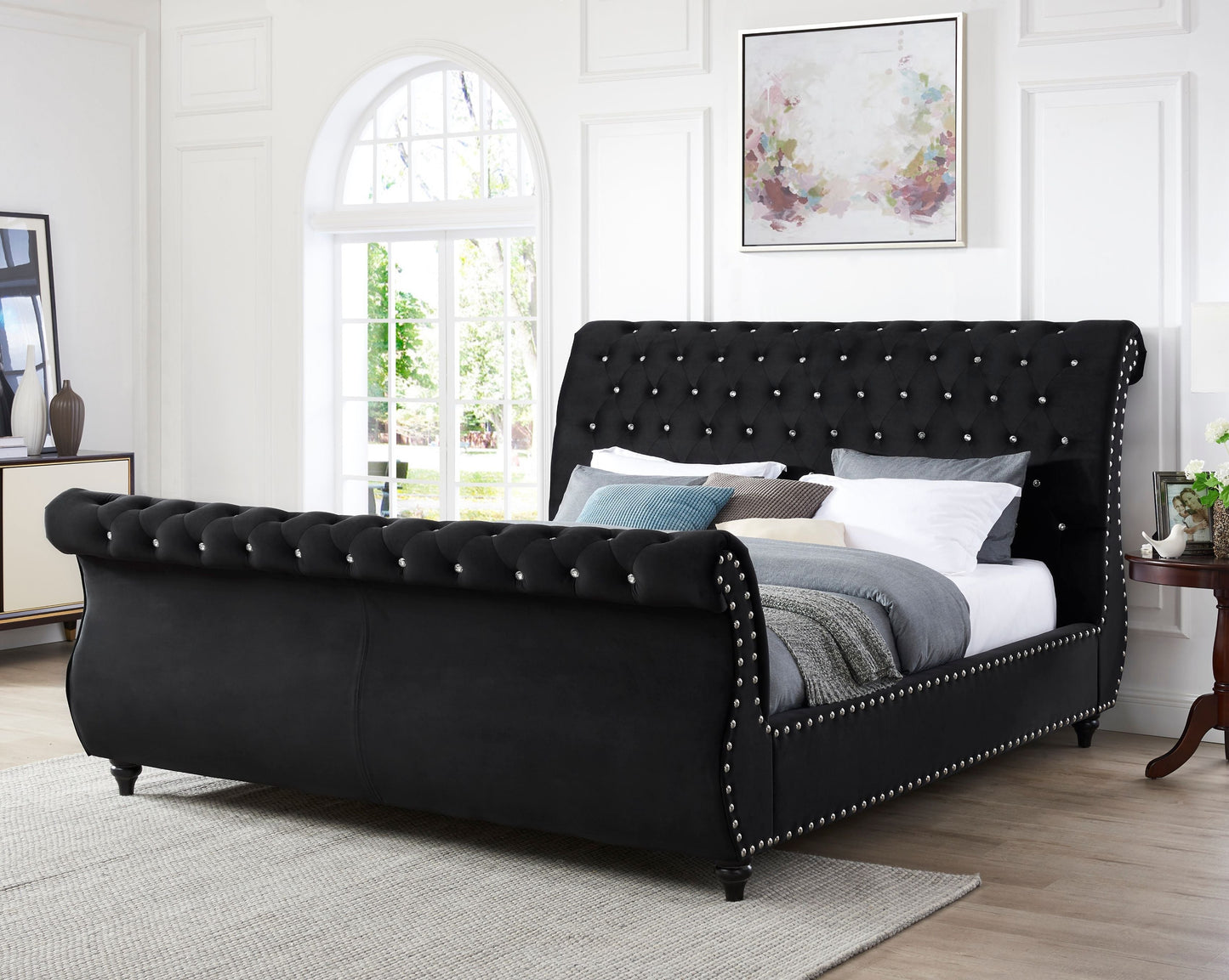 Roundhill Furniture Evora Velvet Upholstered Crystal Button Tufted Sleigh Bed, Black