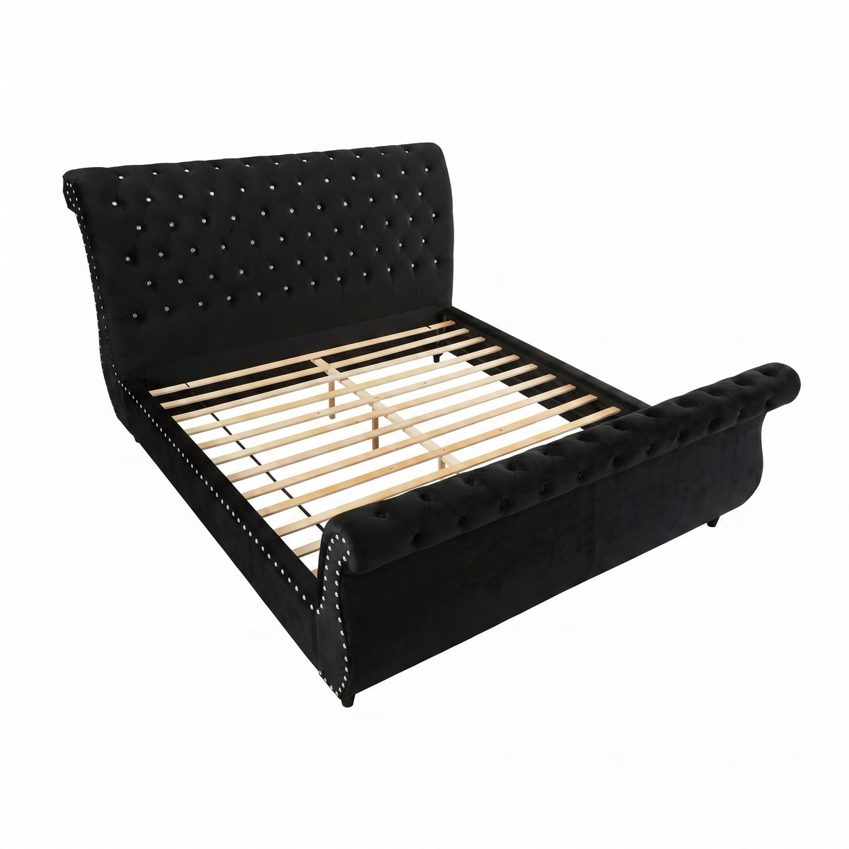 Evora Black Velvet Upholstered Crystal Button Tufted Sleigh Bed