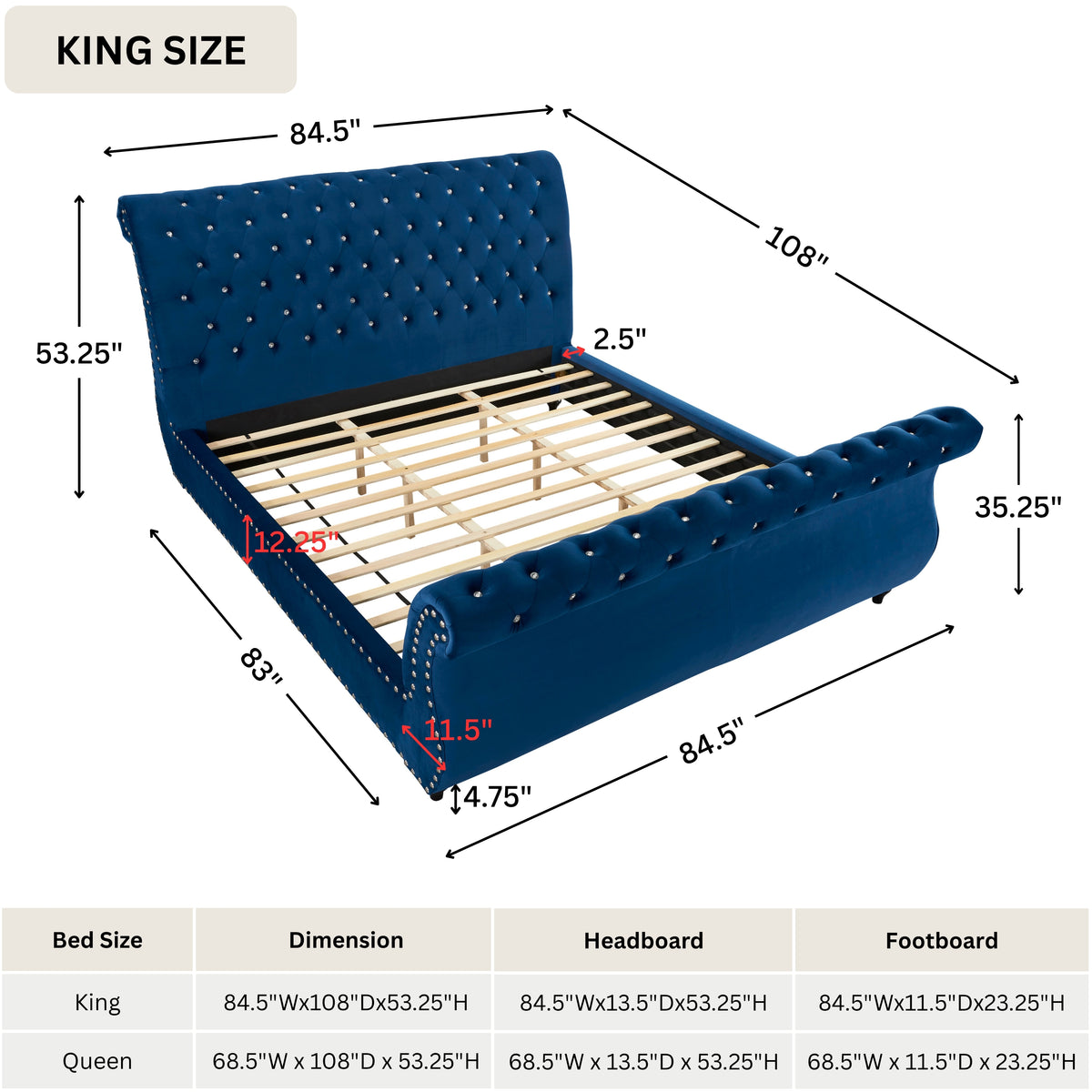 Evora Blue Velvet Upholstered Crystal Button Tufted Sleigh Bed