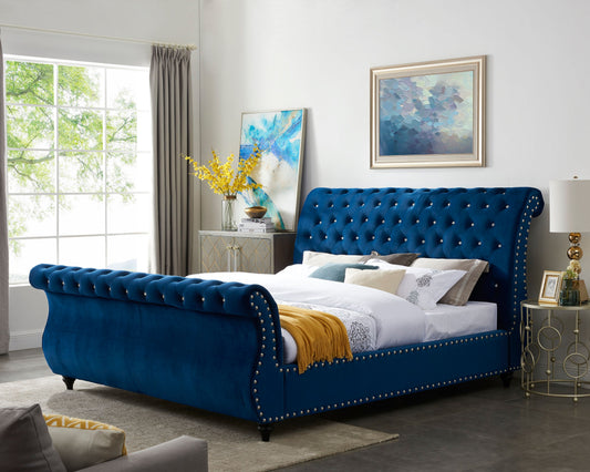 Roundhill Furniture Evora Velvet Upholstered Crystal Button Tufted Sleigh Bed, Blue