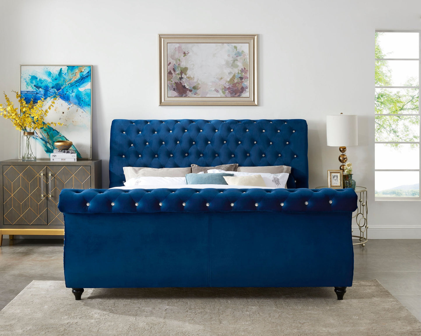 Roundhill Furniture Evora Velvet Upholstered Crystal Button Tufted Sleigh Bed, Blue