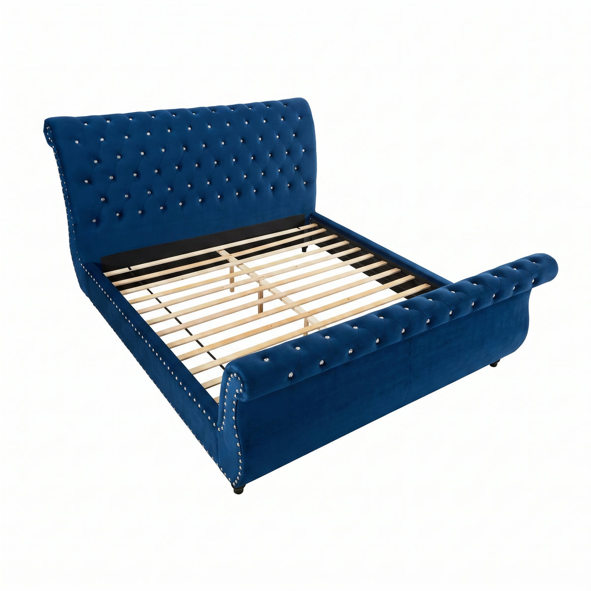 Evora Blue Velvet Upholstered Crystal Button Tufted Sleigh Bed