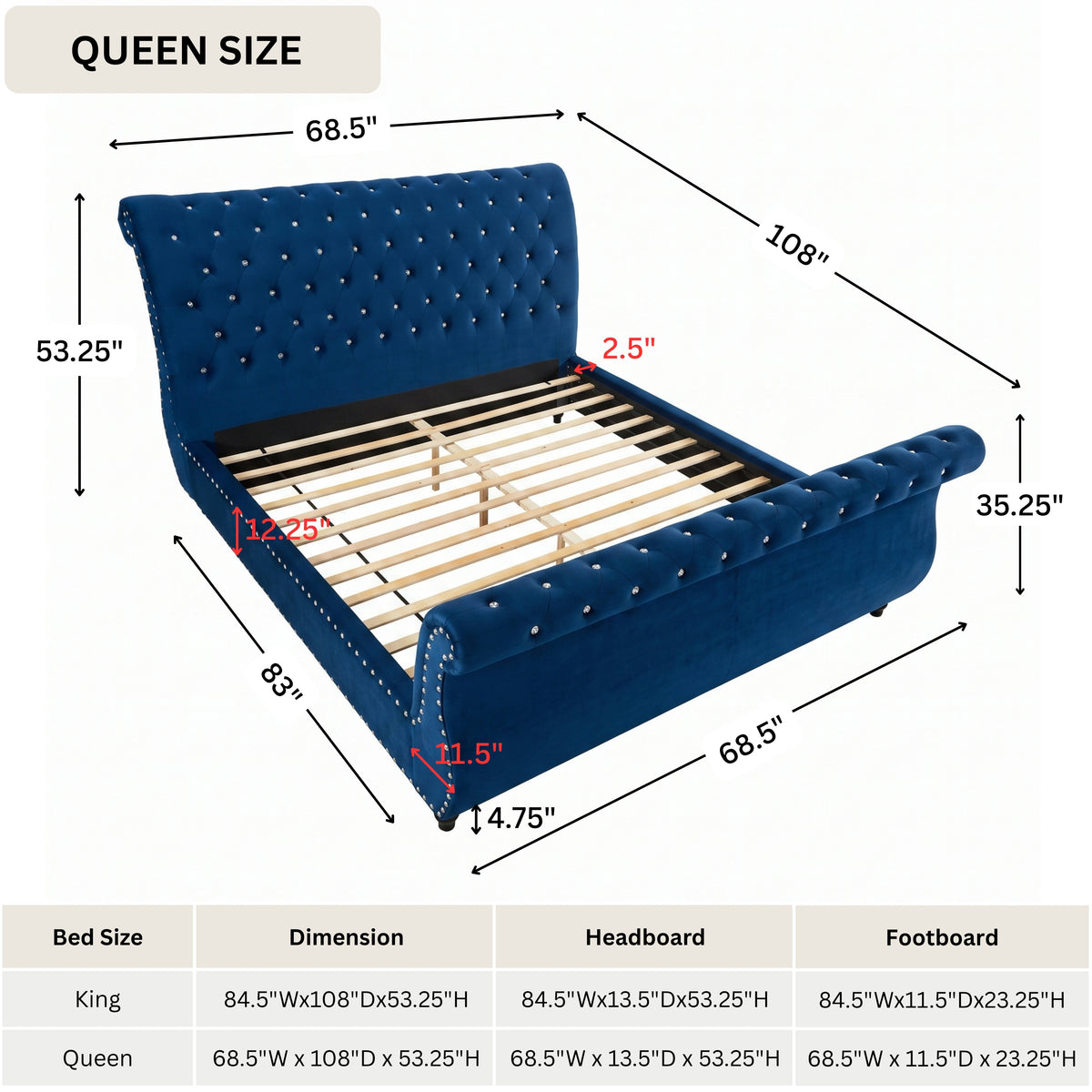 Evora Blue Velvet Upholstered Crystal Button Tufted Sleigh Bed