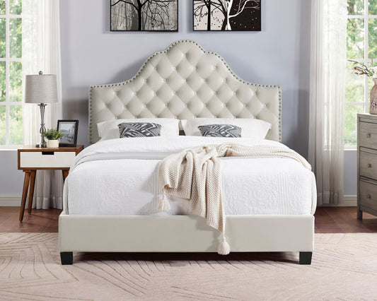 Floris Portman Style Diamond Tufted Upholstered Bed with Nailhead in Tan