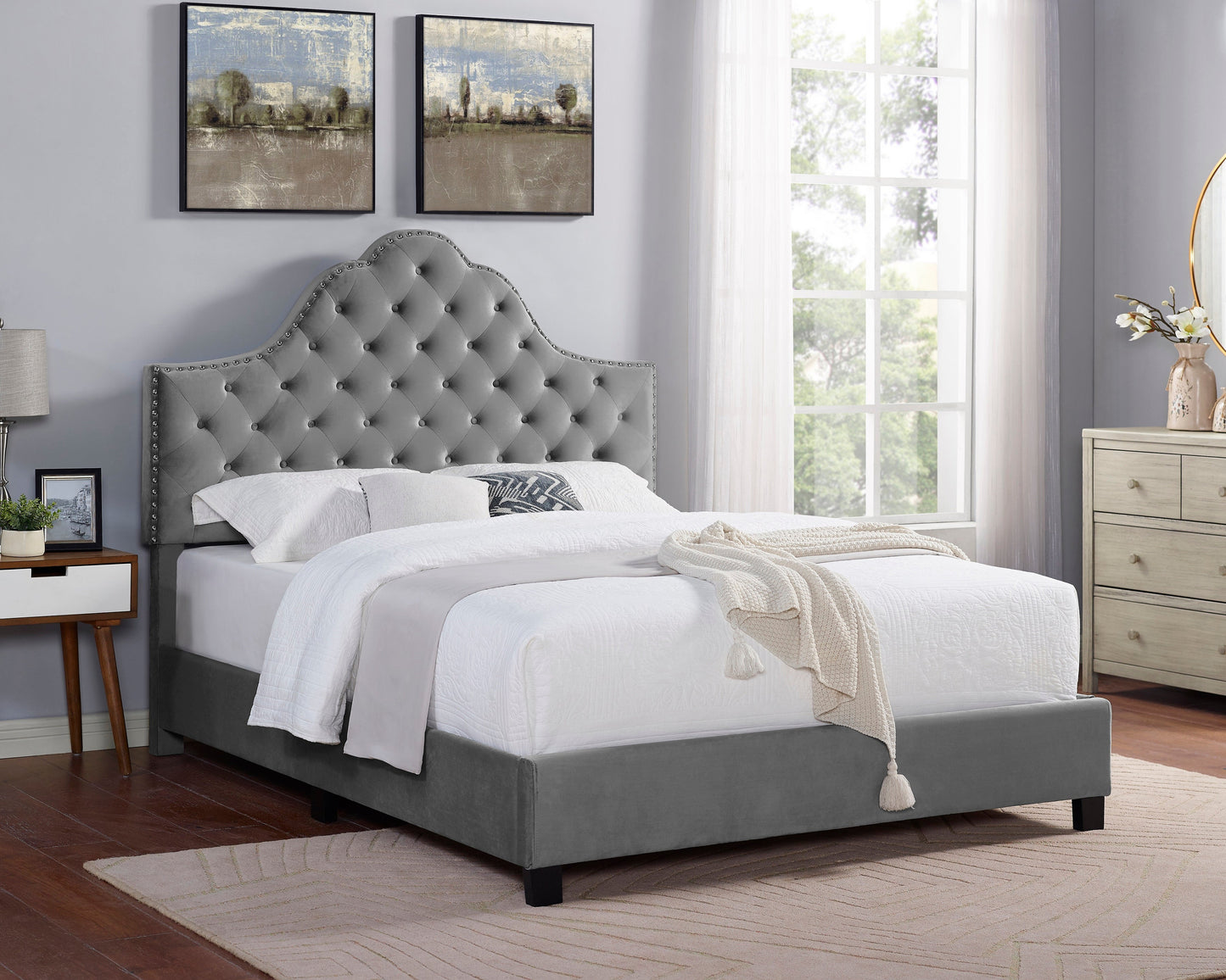 Floris Portman Style Diamond Tufted Upholstered Bed with Nailhead in Gray