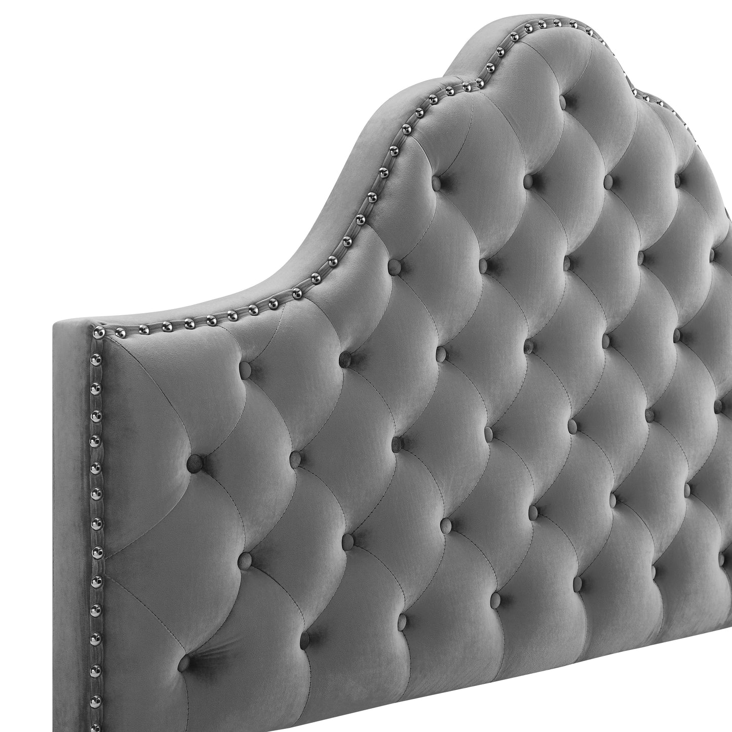 Floris Portman Style Diamond Tufted Upholstered Bed with Nailhead in Gray