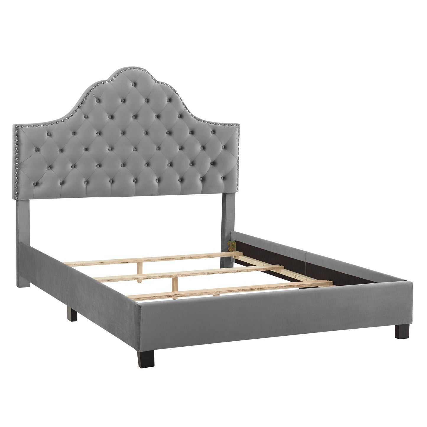 Floris Portman Style Diamond Tufted Upholstered Bed with Nailhead in Gray