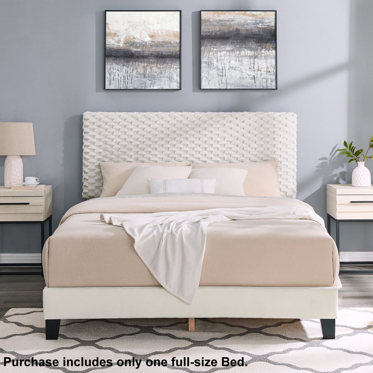 Roundhill Furniture Findlay Plush 3D Upholstered Platform Bed in White Dove