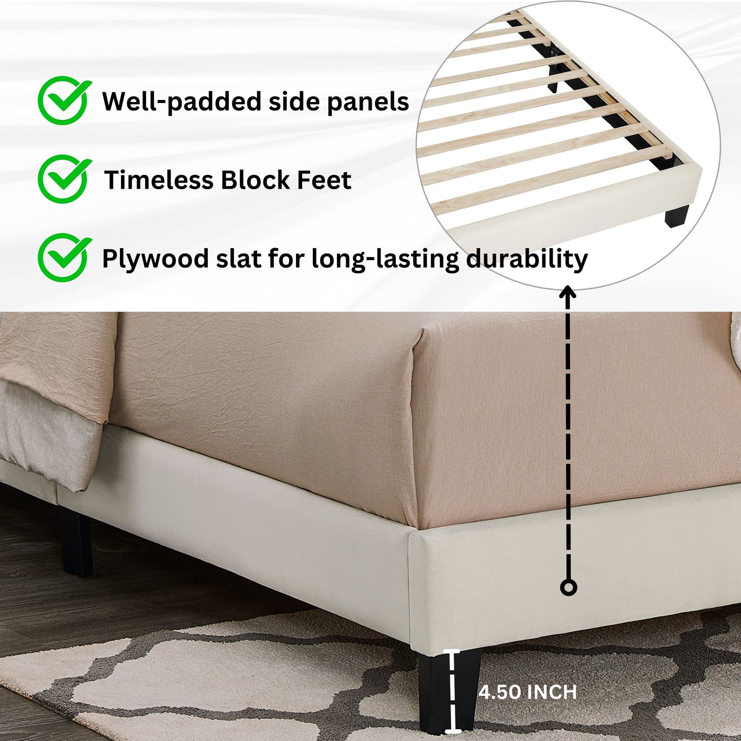 Roundhill Furniture Findlay Plush 3D Upholstered Platform Bed in White Dove