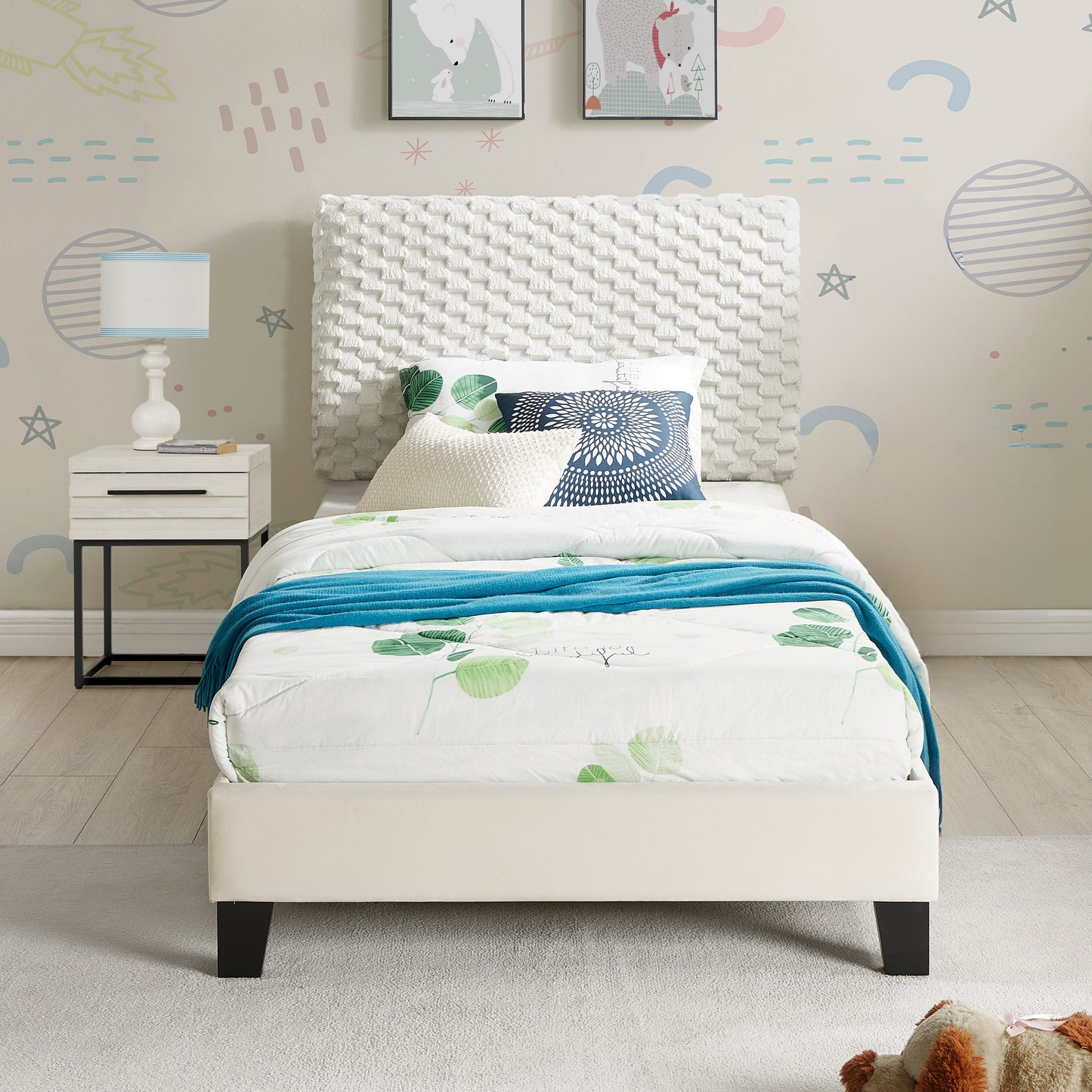 Findlay 2-Piece Bedroom Set, Plush 3D Upholstered Bed with Nightstand