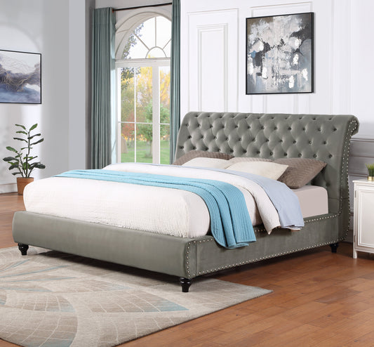 Roundhill Furniture Cerderia Velvet Upholstered Button Tufted Nailhead Trim Sleigh Bed, Gray