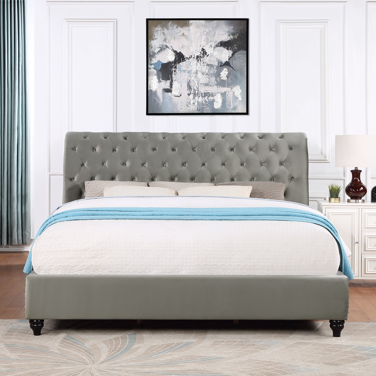 Roundhill Furniture Cerderia Velvet Upholstered Button Tufted Nailhead Trim Sleigh Bed, Gray