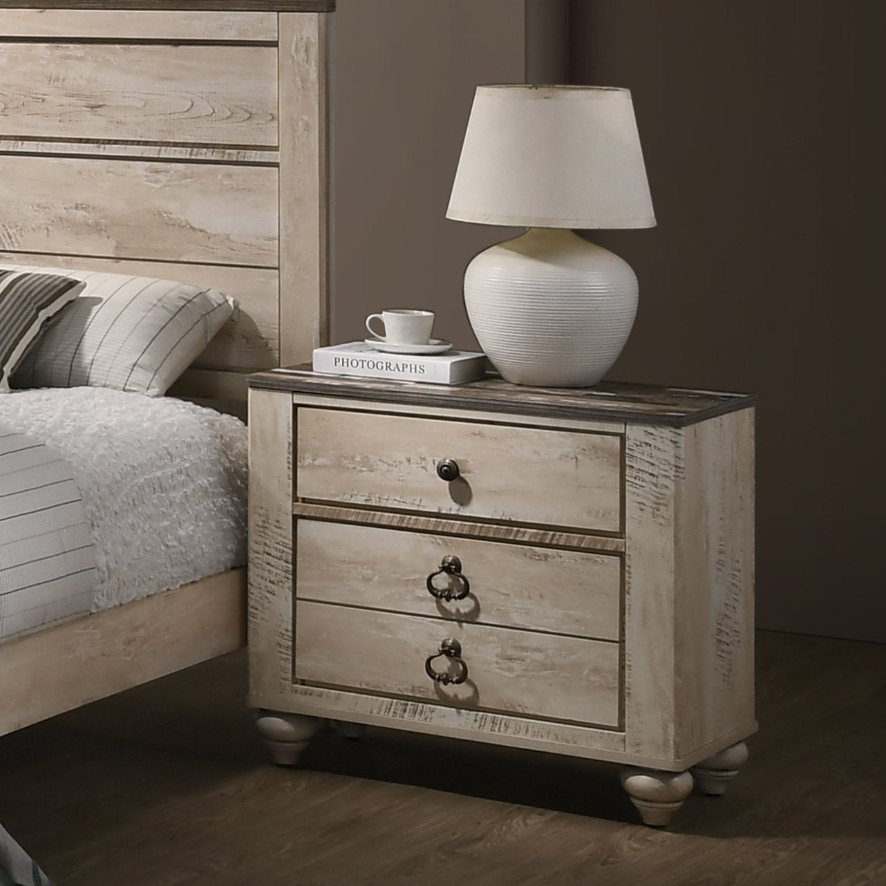 Imerland Contemporary White Wash Finish Patched Wood Top 3-drawer Nightstand