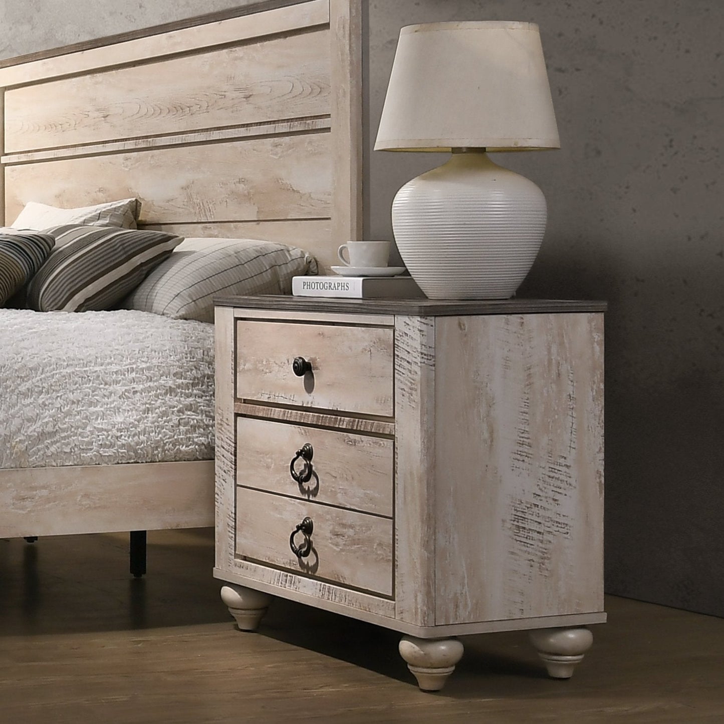 Imerland Contemporary White Wash Finish Patched Wood Top 2-drawer Nightstand