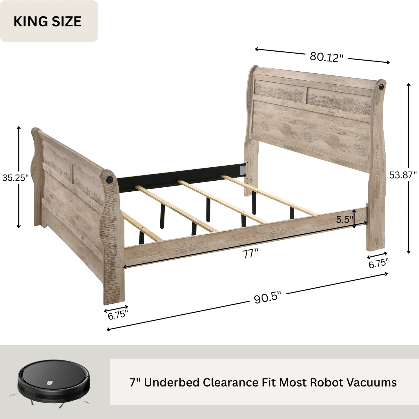 Imerland Contemporary White Wash Finish Bedroom Collection - Sleigh Bed