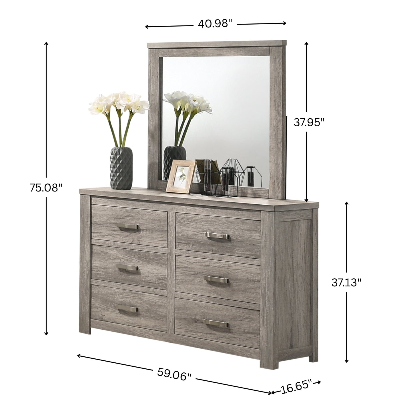 Floren Contemporary Weathered Gray Wood 6-Drawer Dresser with Mirror