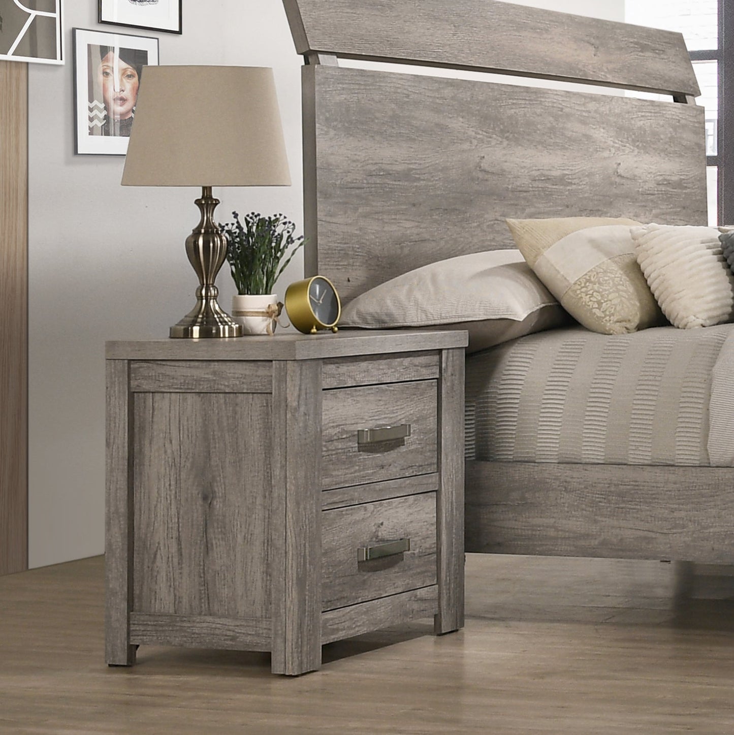 Floren Contemporary Weathered Gray Wood Two-Drawer Nightstand