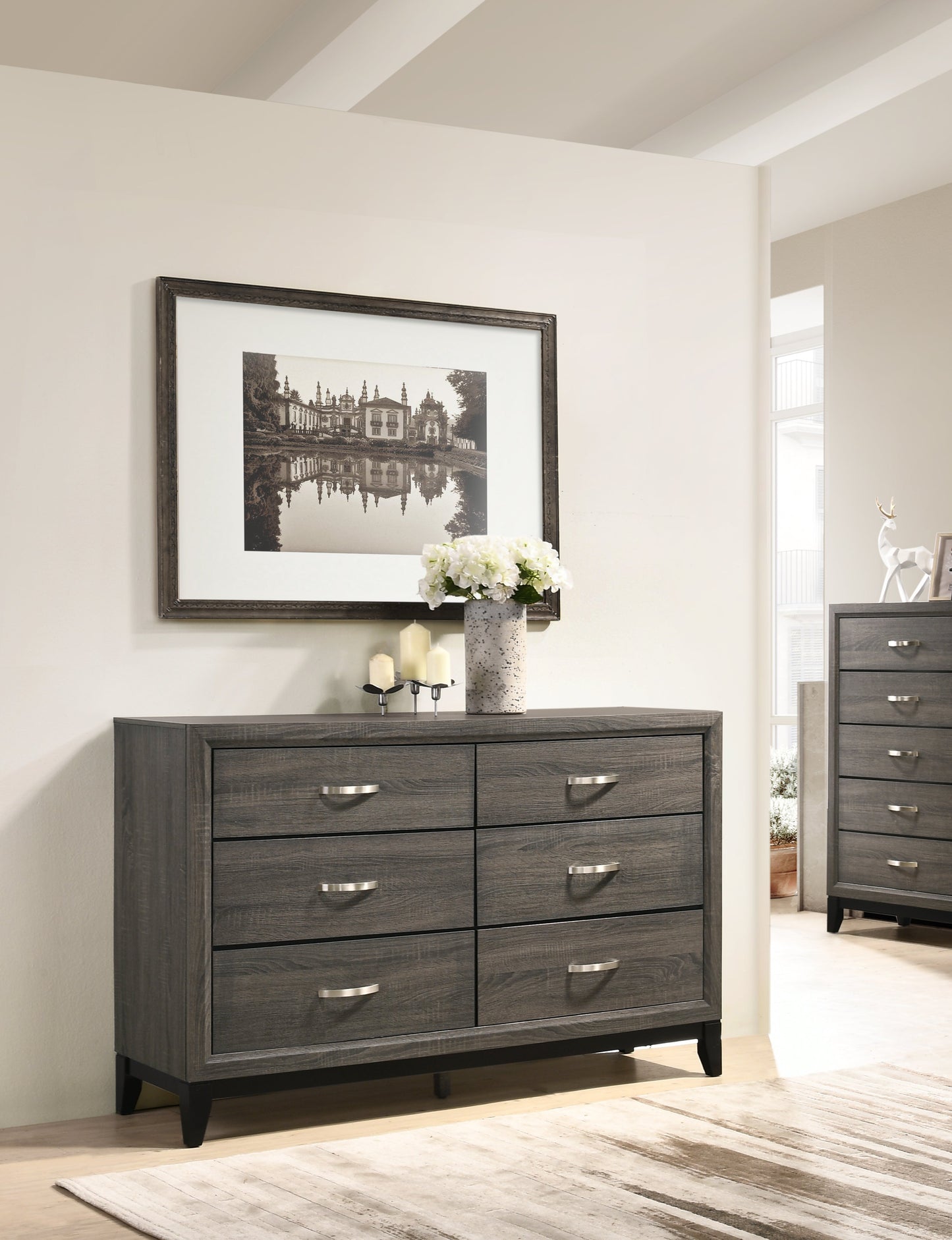 Stout Metal Bar Pulls Distressed Dresser and Mirror