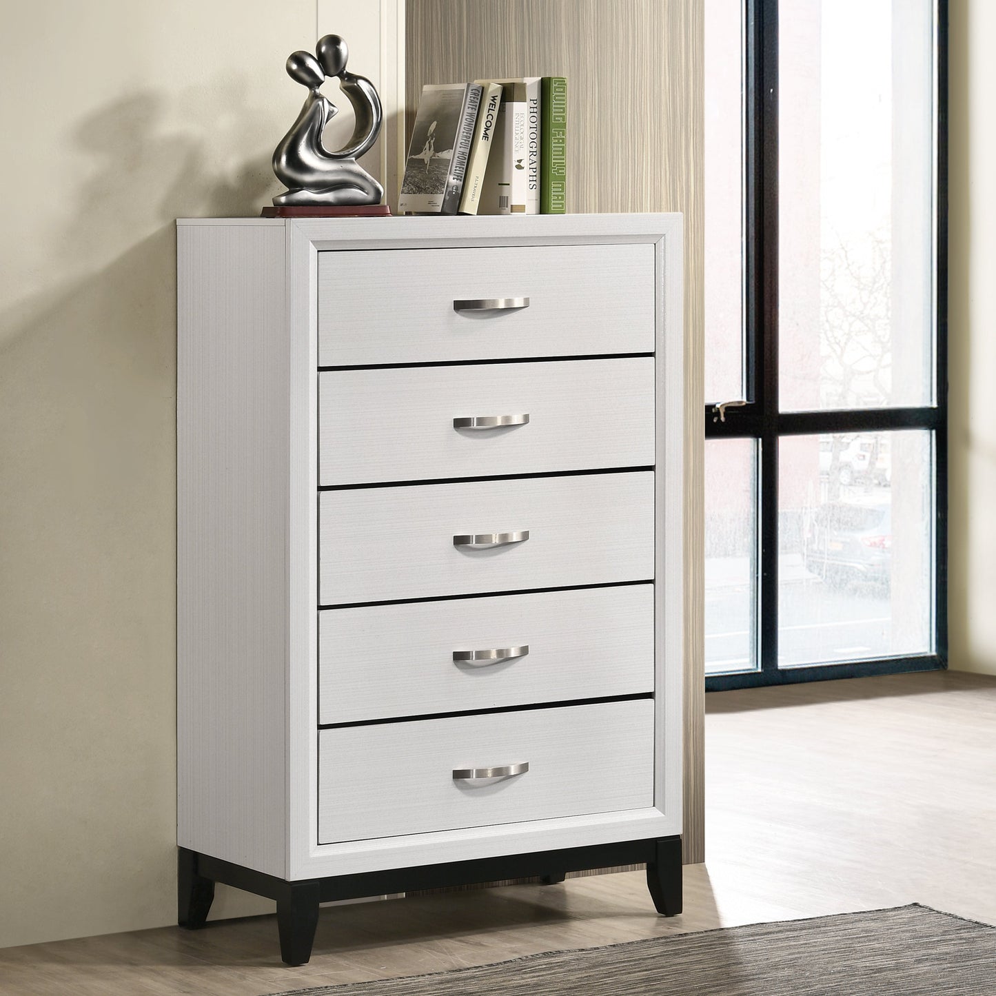 Stout Contemporary 5-Drawer Metal Bar Pulls Wood Chest, White