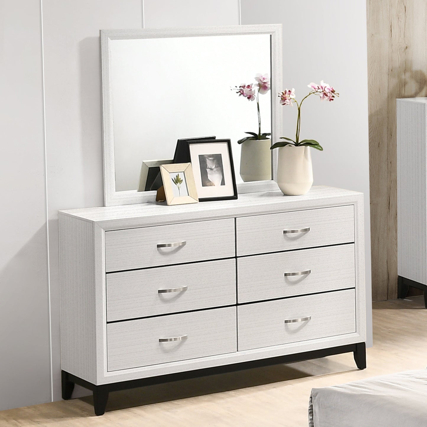 Stout Contemporary 6-Drawer Metal Bar Pulls Wood Dresser with Mirror, White