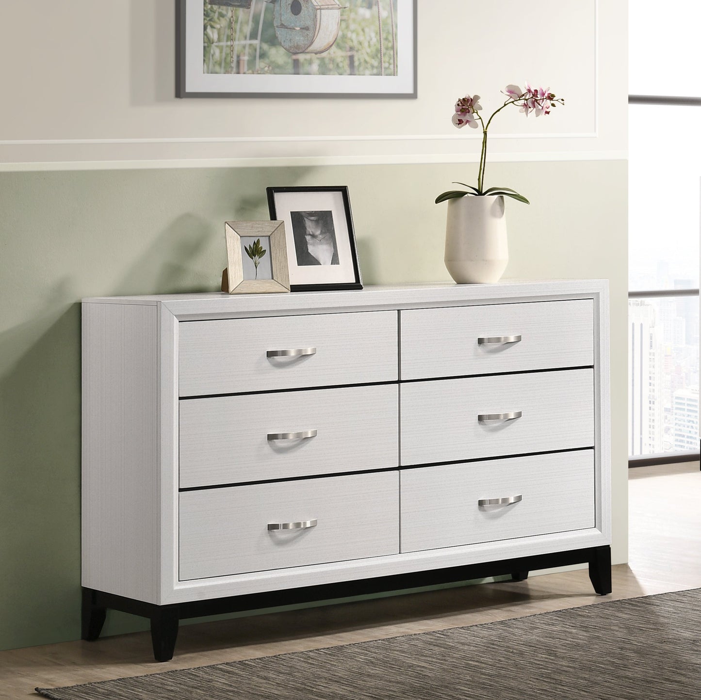 Stout Contemporary 6-Drawer Metal Bar Pulls Wood Dresser with Mirror, White