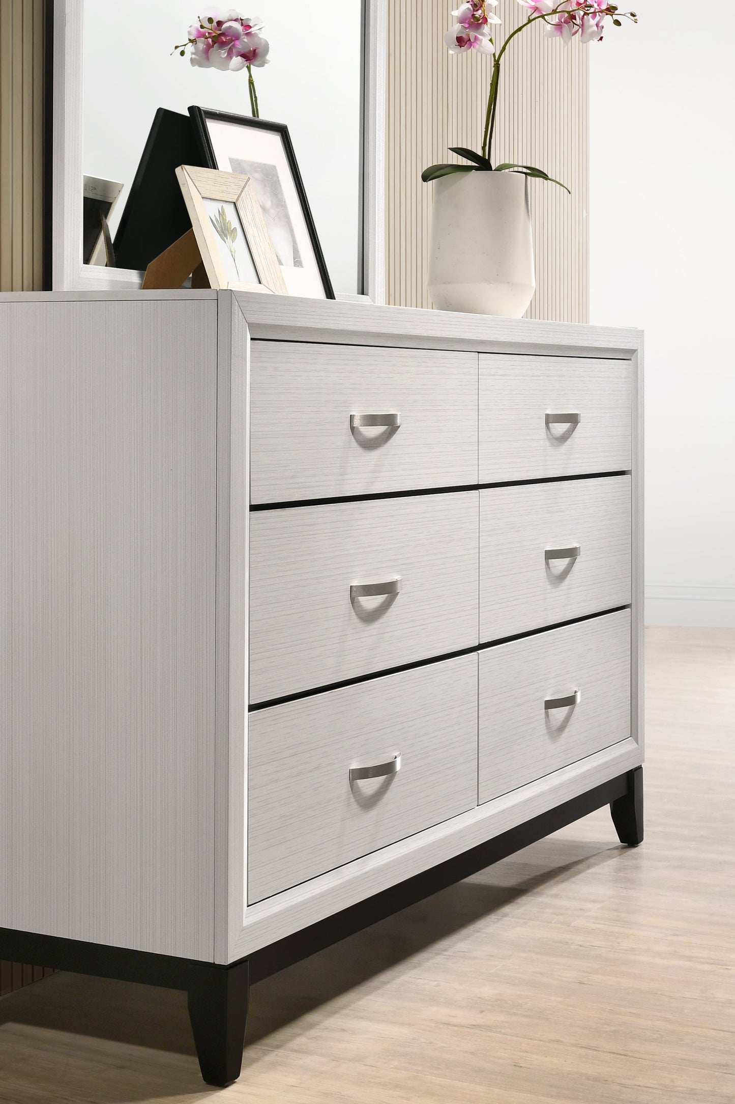 Stout Contemporary 6-Drawer Metal Bar Pulls Wood Dresser with Mirror, White