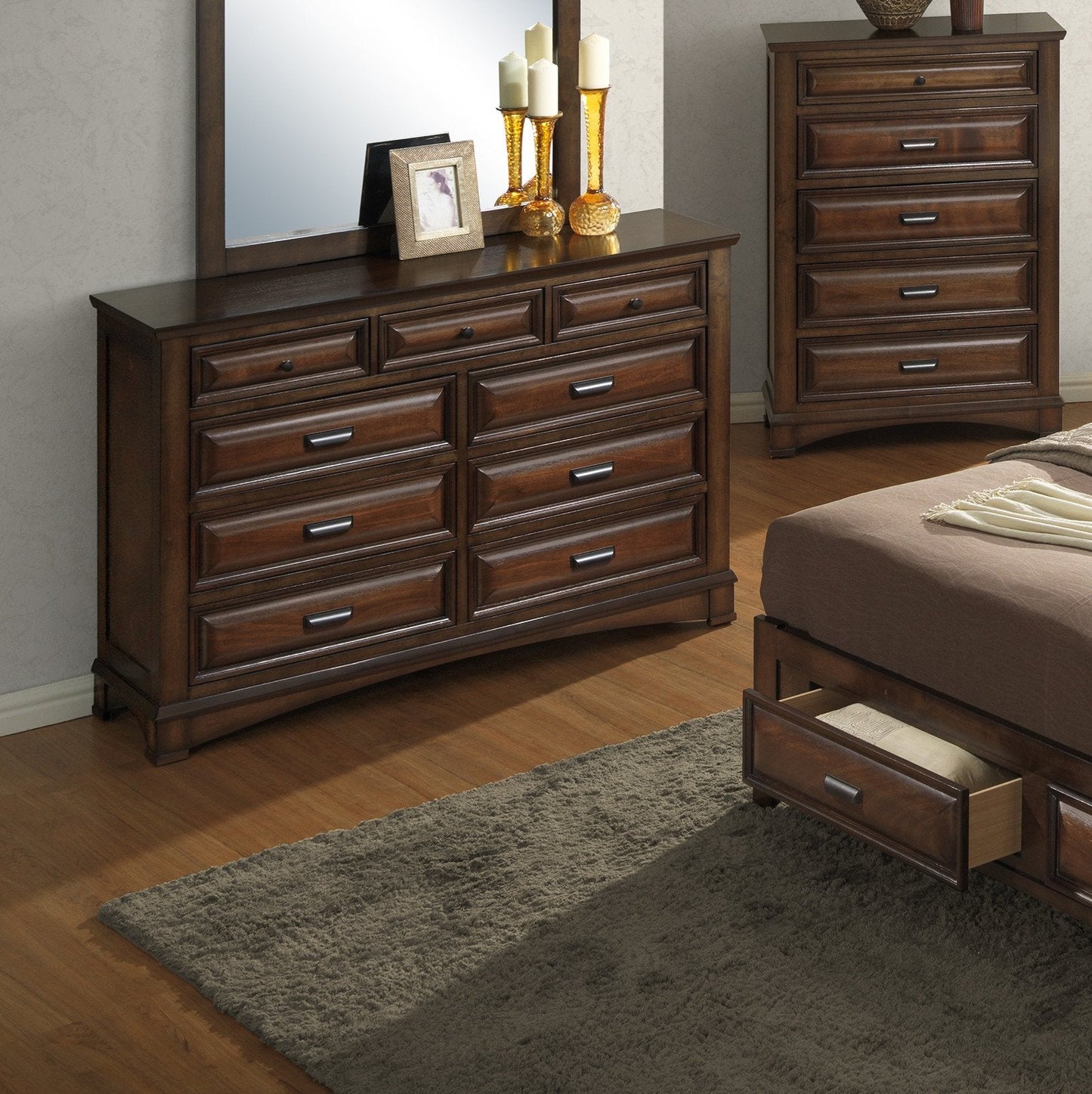 Broval 179 Light Espresso Finish Wood 9 Drawers Dresser and Mirror