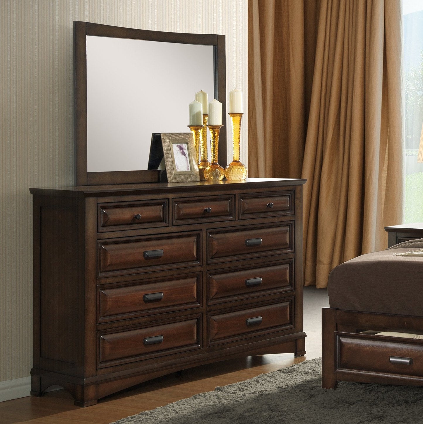 Broval 179 Light Espresso Finish Wood 9 Drawers Dresser and Mirror