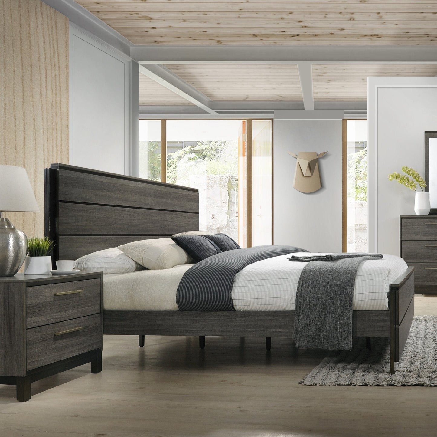 Ioana Contemporary Wood Panel Bed, Gray Finish