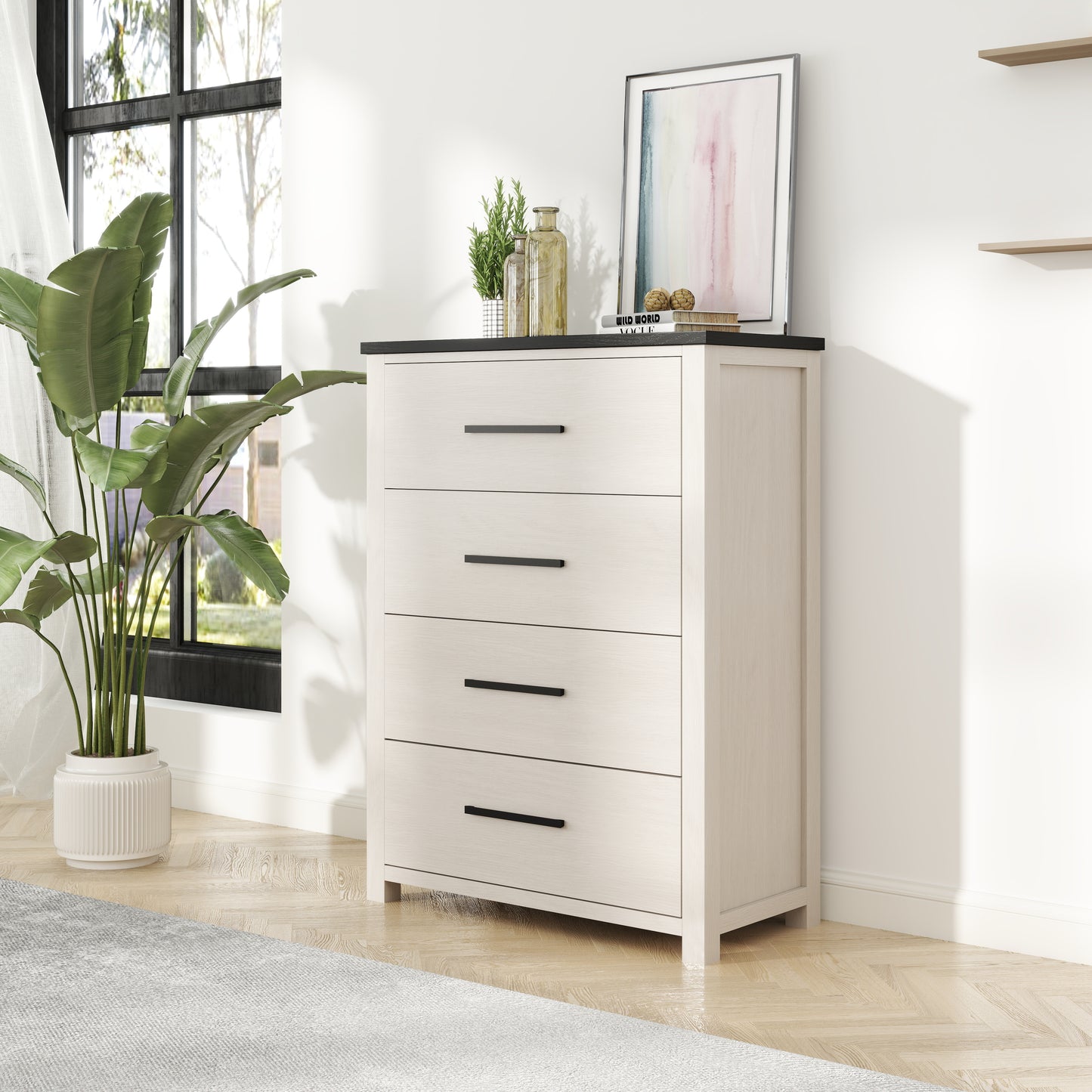 Roundhill Furniture Realynn 4-Drawer Bedroom Chest, Off-White Finish