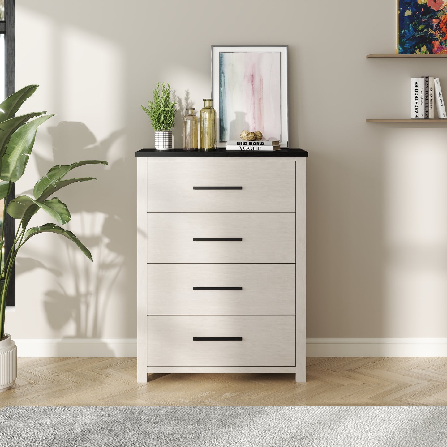 Roundhill Furniture Realynn 4-Drawer Bedroom Chest, Off-White Finish