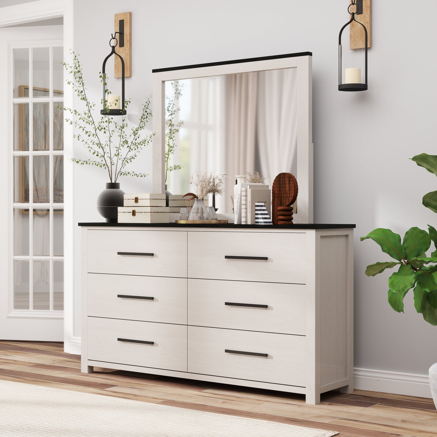 Roundhill Furniture Realynn 6-Drawer Bedroom Dresser with Mirror, Off-White Finish