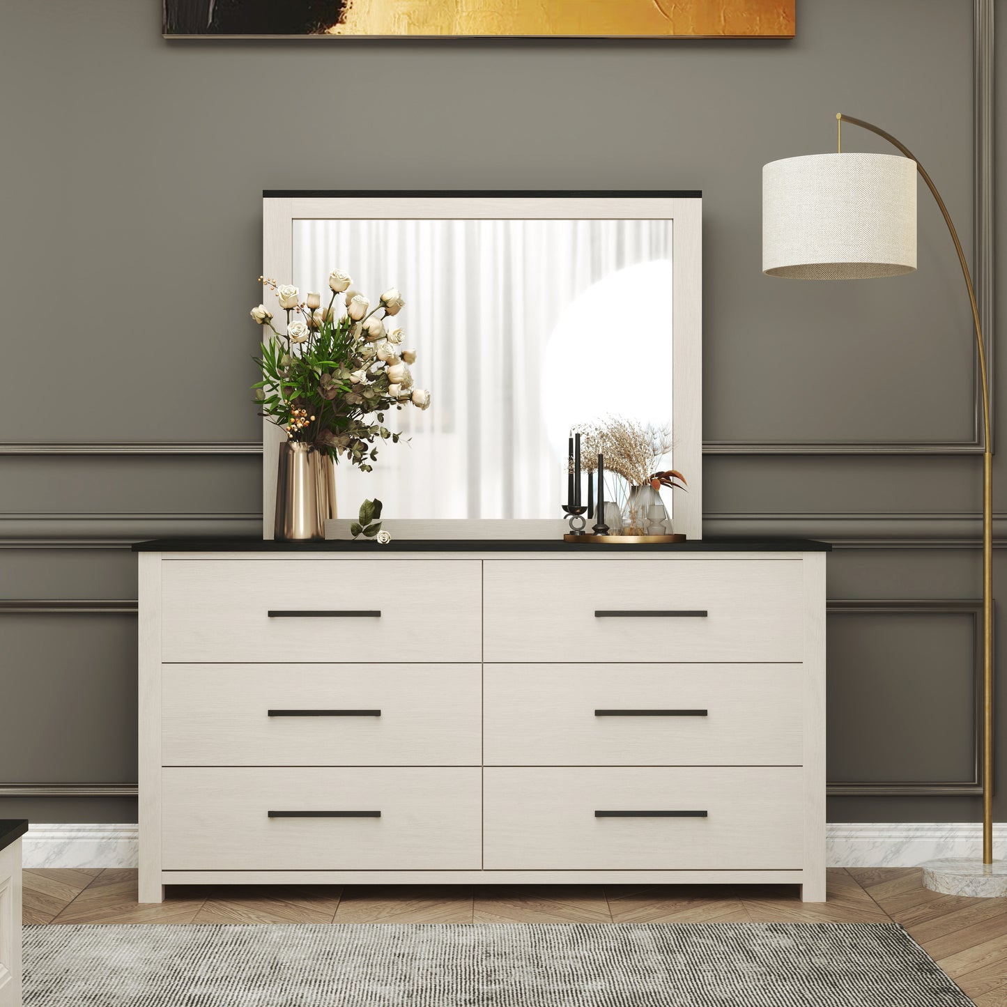 Roundhill Furniture Realynn 6-Drawer Bedroom Dresser with Mirror, Off-White Finish