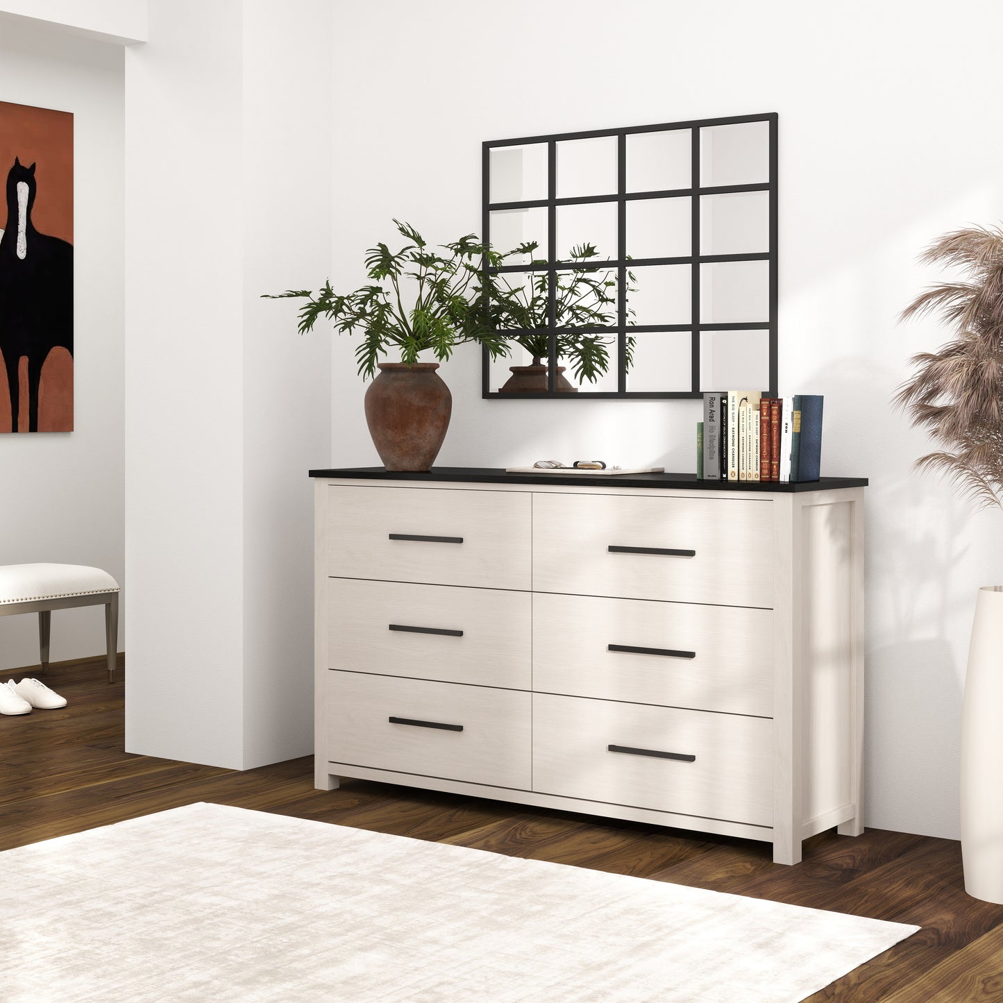 Roundhill Furniture Realynn 6-Drawer Bedroom Dresser, Off-White Finish