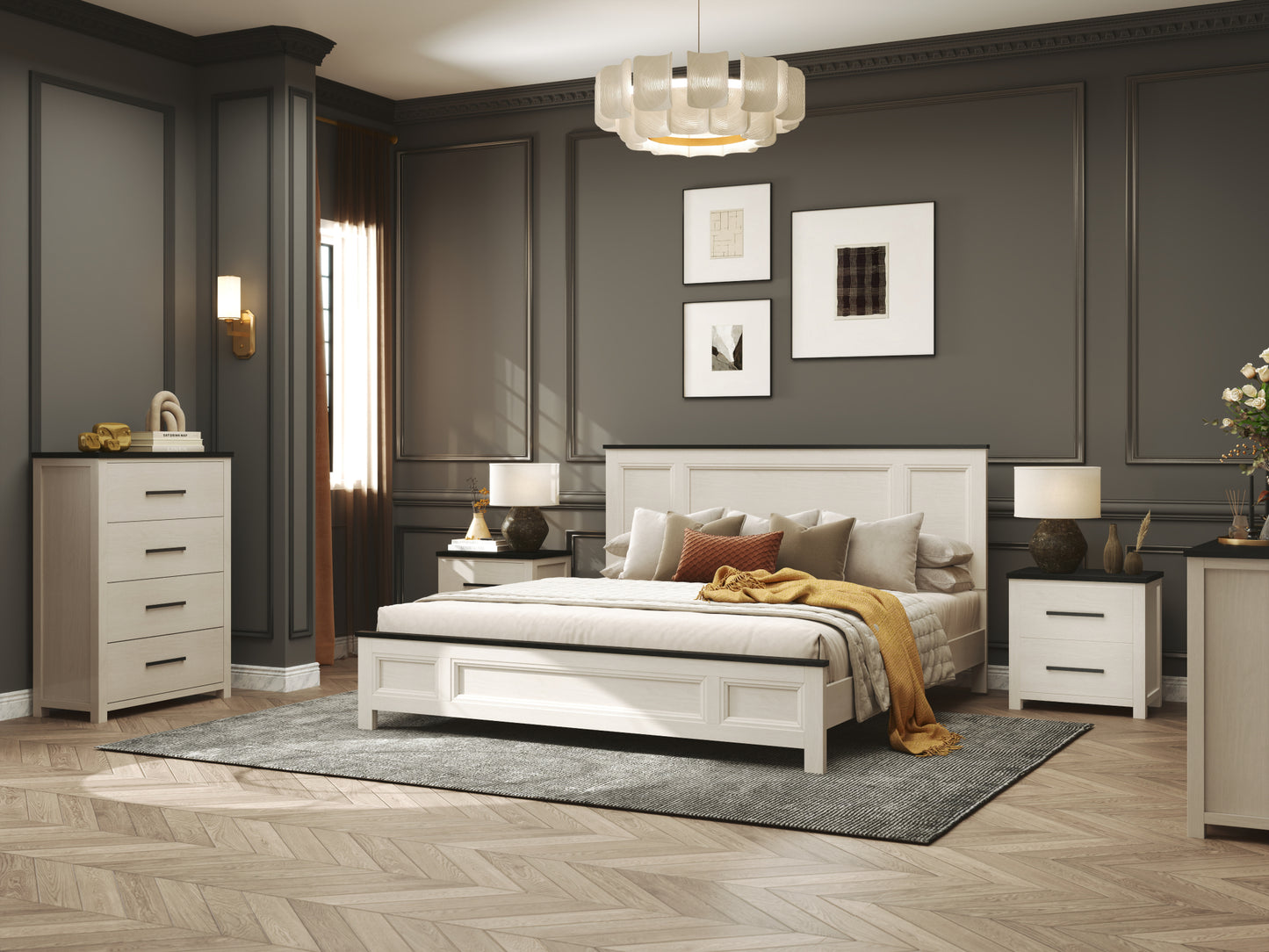 Roundhill Furniture Realynn Wood Bedroom Collection, Off-White Finish