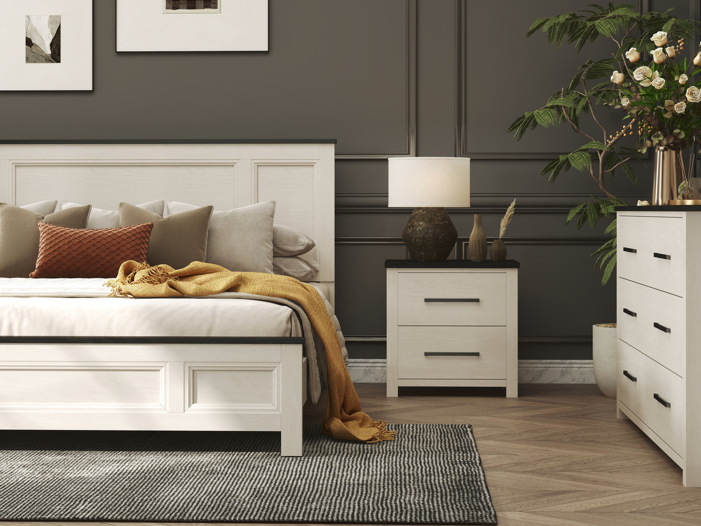 Roundhill Furniture Realynn Wood Bedroom Collection, Off-White Finish