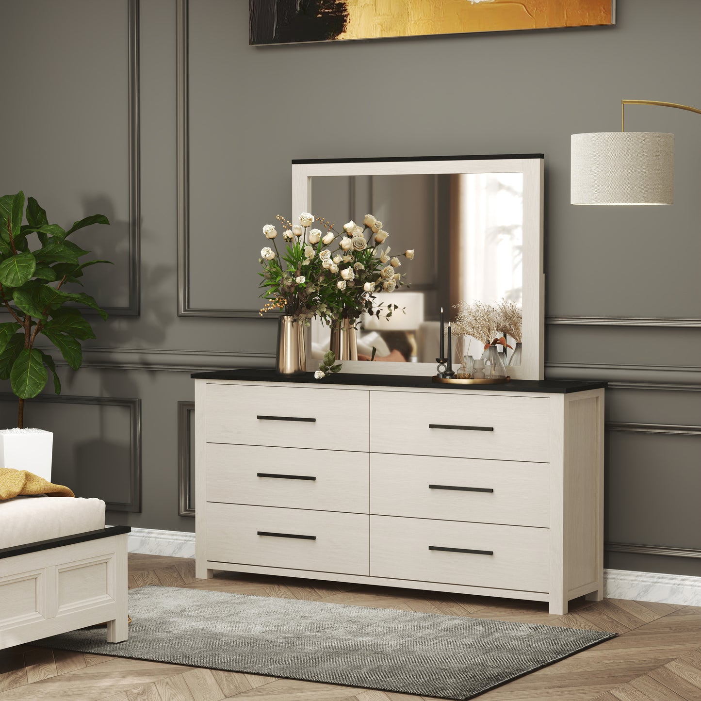 Roundhill Furniture Realynn Wood Bedroom Collection, Off-White Finish