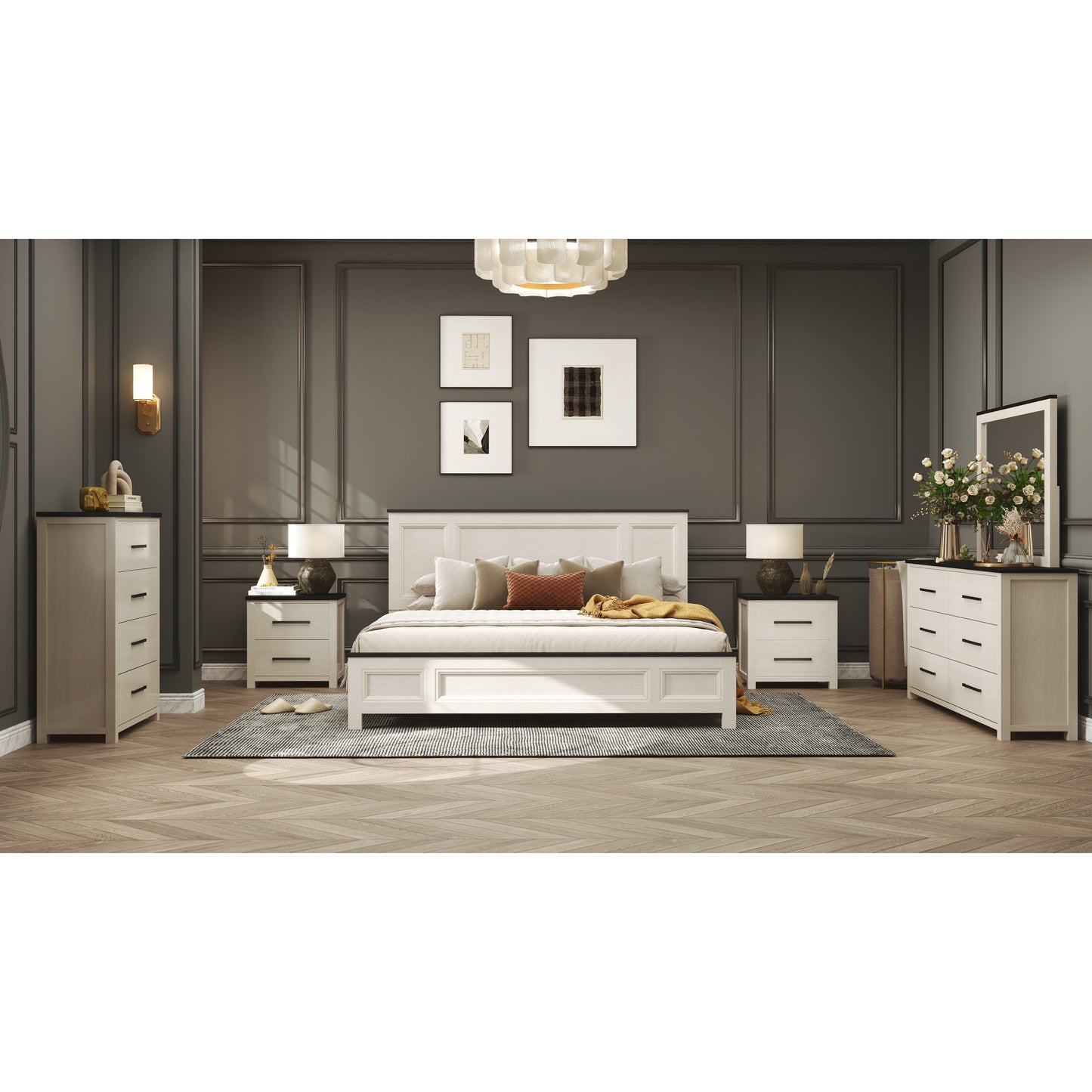 Roundhill Furniture Realynn Wood Bedroom Collection, Off-White Finish