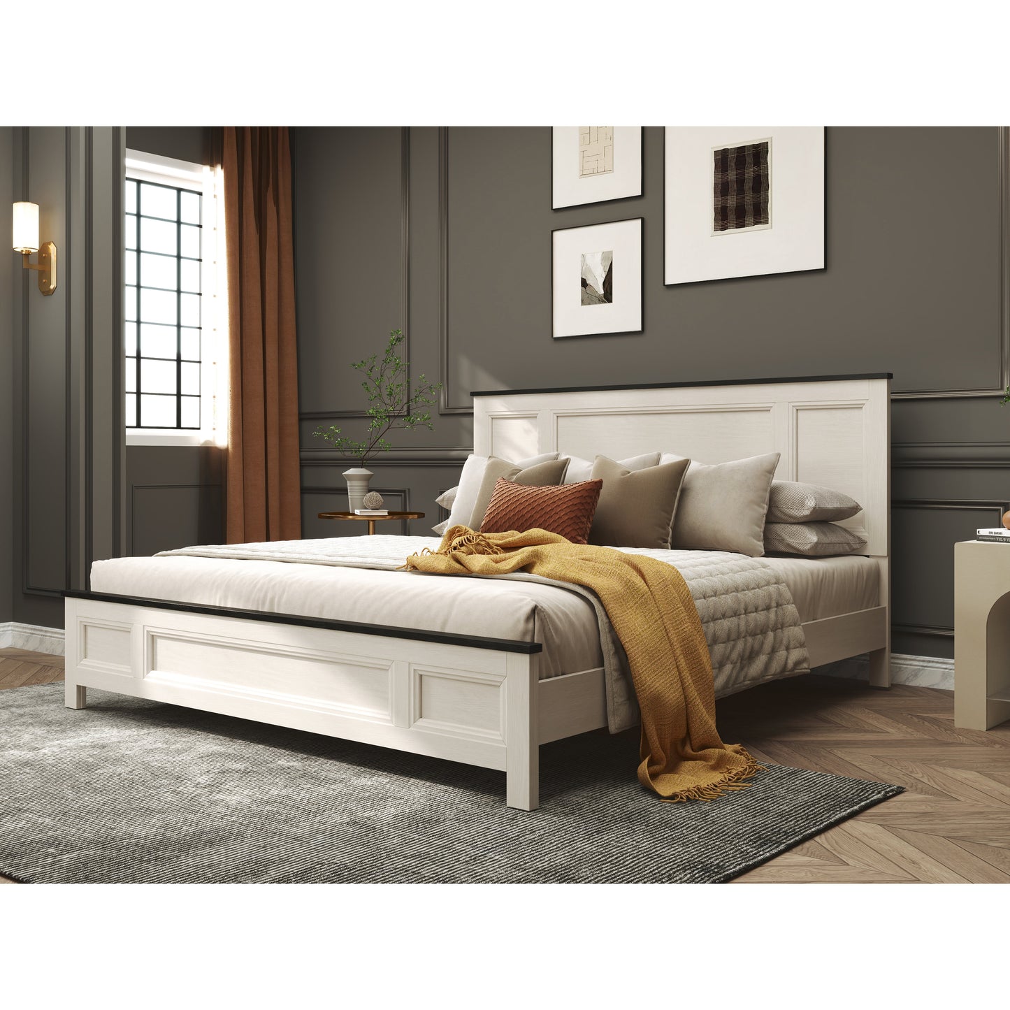 Roundhill Furniture Realynn Panel Bed, Off-White Finish